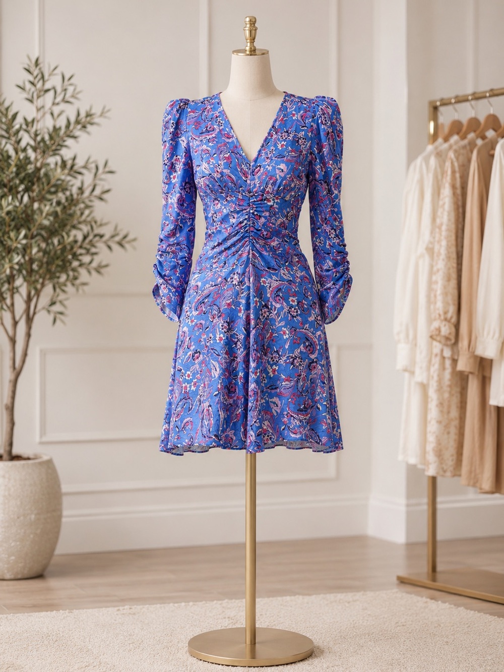 Isabel Marant Blue Floral Ruched Long-Sleeve Dress